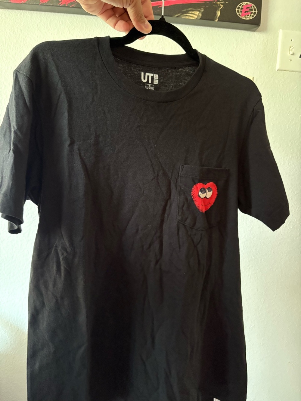 Kaws x Uniqlo UT Black Pocket Tee with Red Heart Patch medium